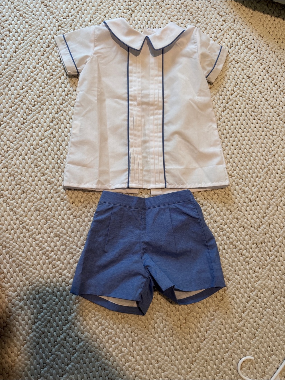 Boys White Short Sleeve Top with Blue Trim & Blue Shorts Set